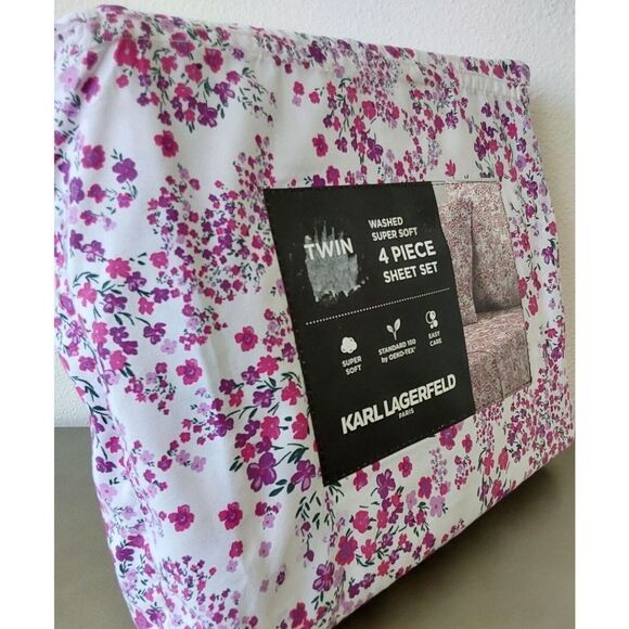 Karl Lagerfeld White Purple Floral TWIN Washed Super Soft 4 Piece Sheet Set - Picture 2 of 9